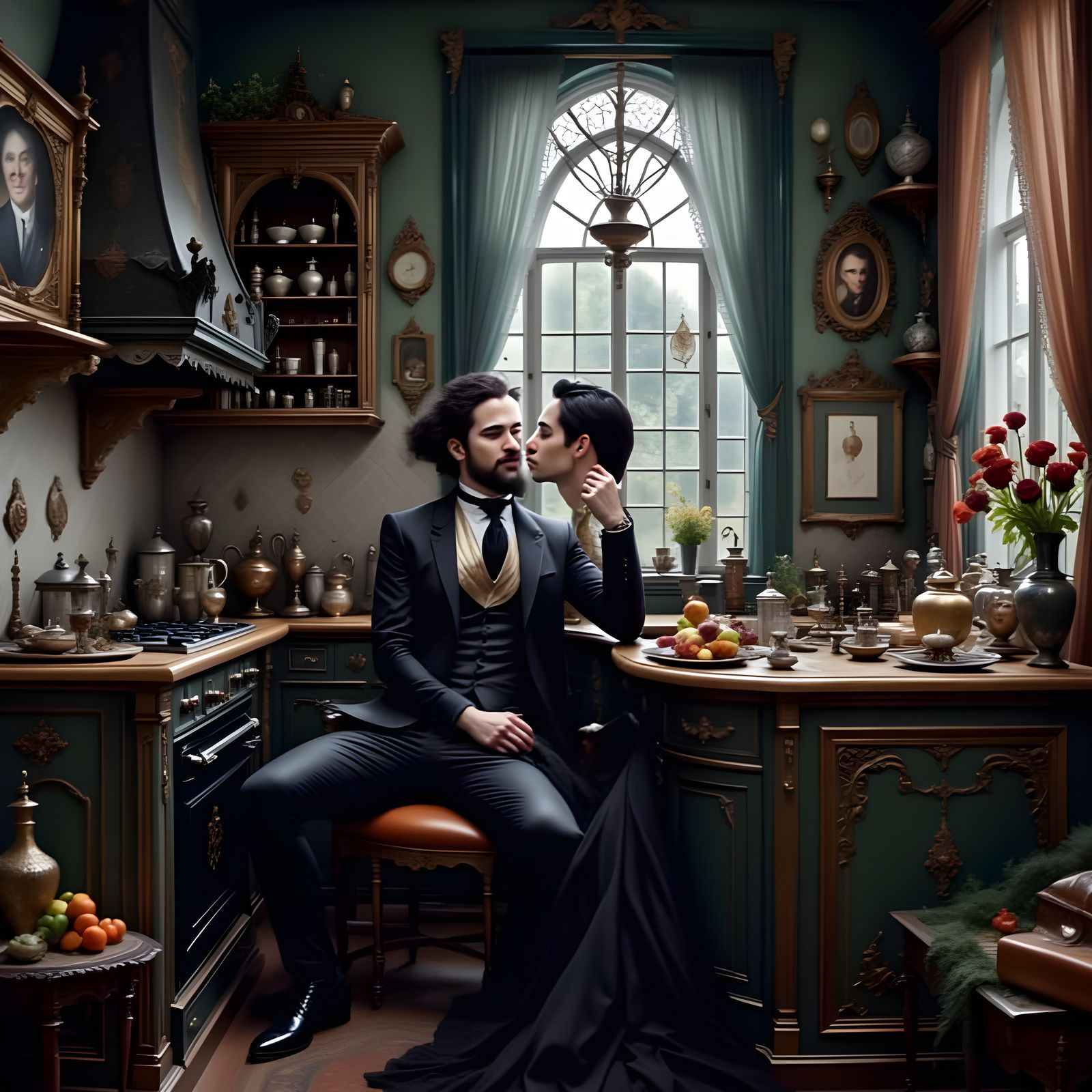 Gothic Kitchen Scene: Man Sips Tea in Intense Atmosphere