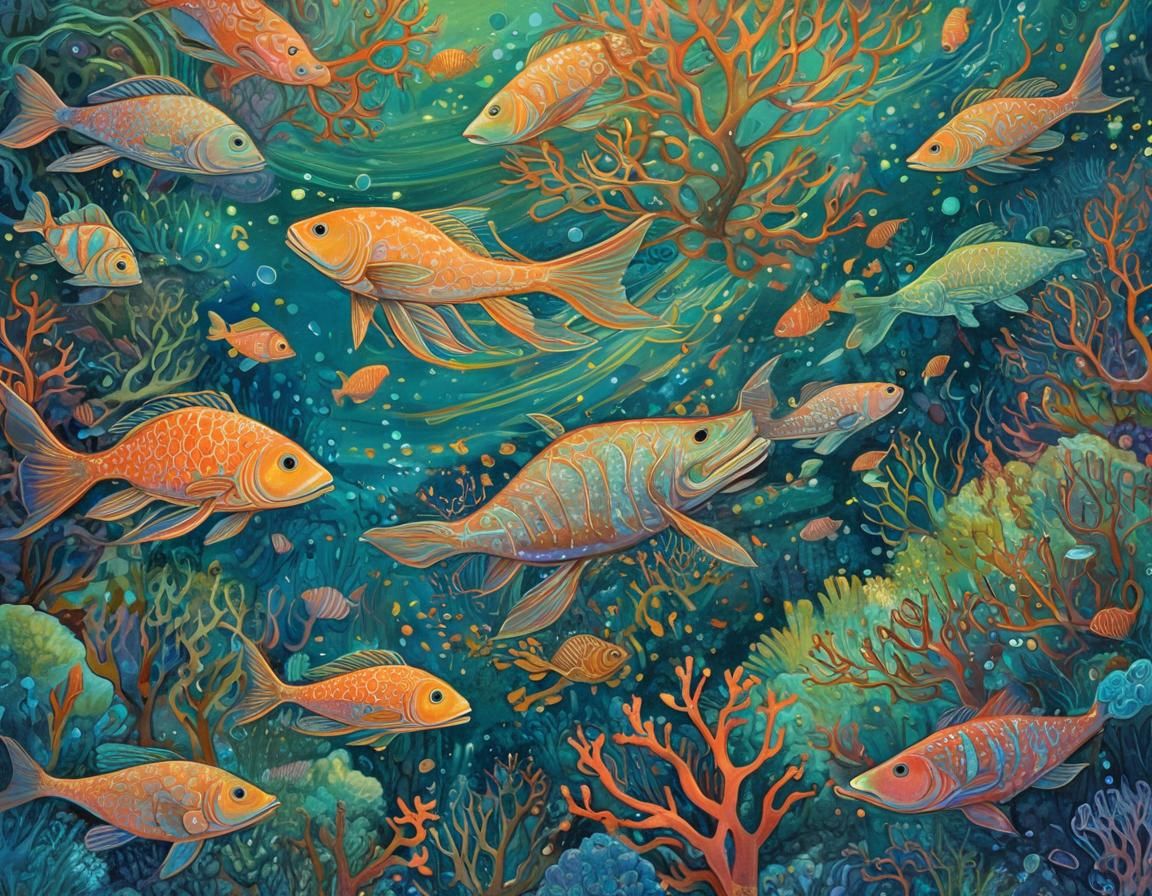 Glowing Sea Creatures in Coral Reef: Art Brut Illustration