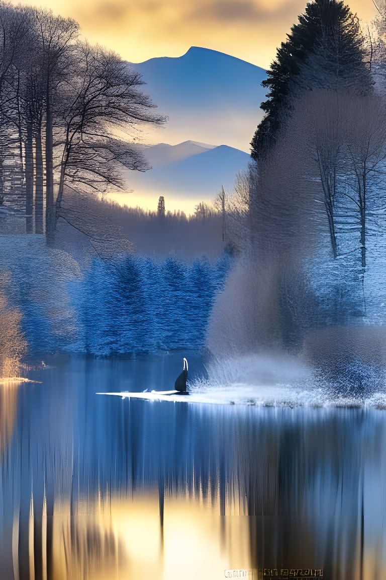 Winter Sunrise Over Mountain Lake Reflecting Forest