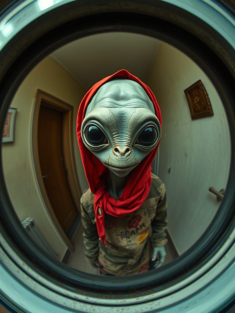 Fisheye Peephole View of Alien in Vintage Scarf