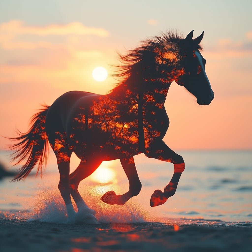 Wild Horse Silhouette Double Exposure at Sunset