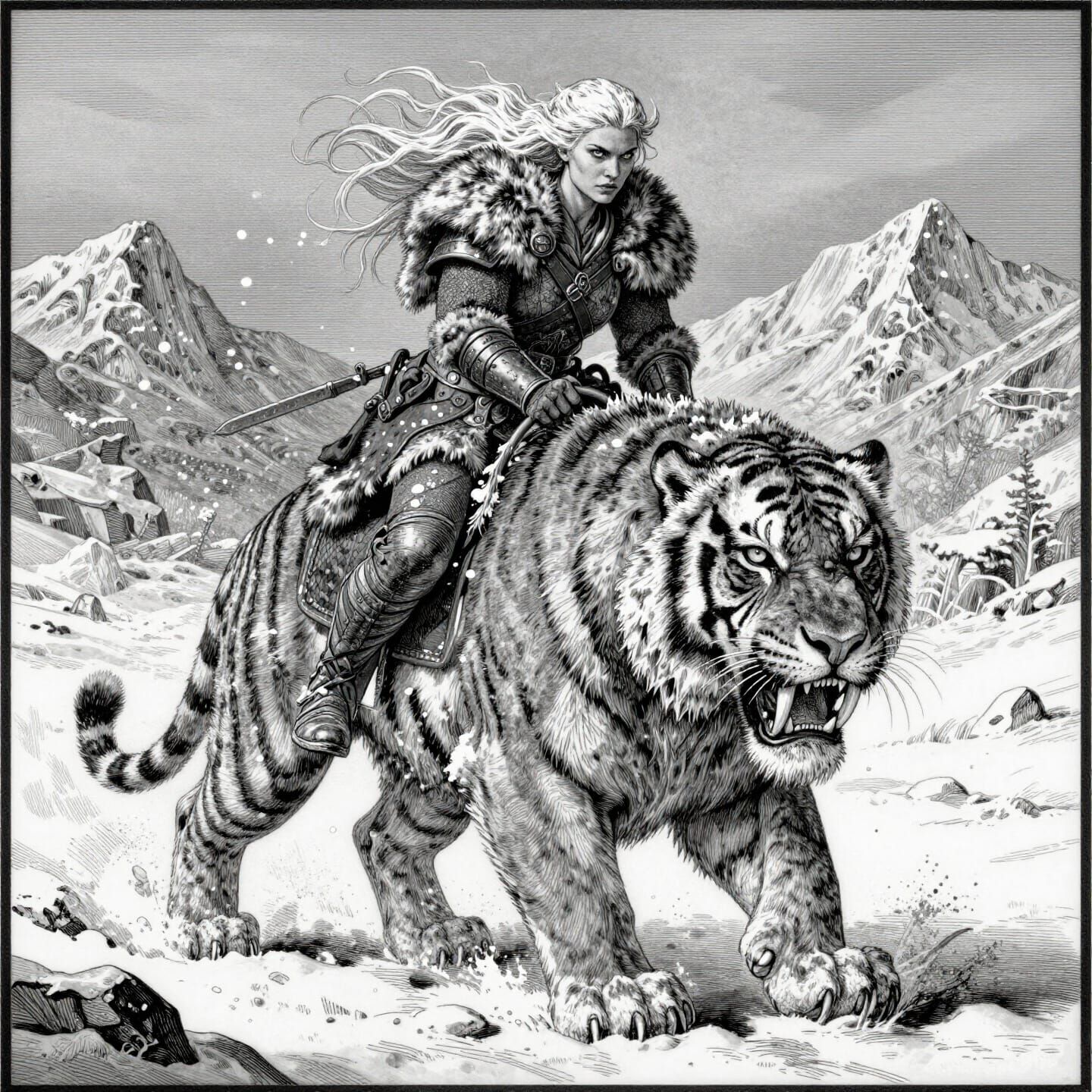 Nordic Warrior Woman on Sabertooth Tiger