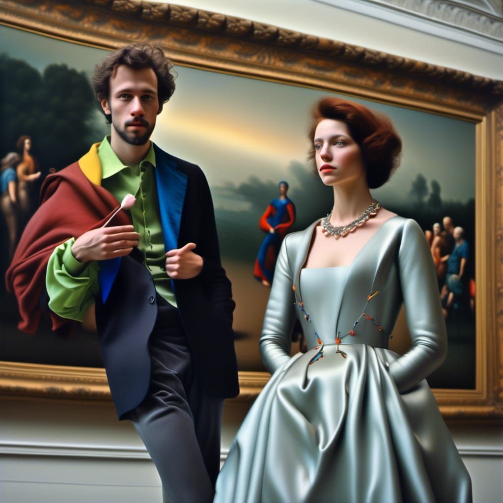 Happy Couple in Art Museum: Hyperrealistic Photograph