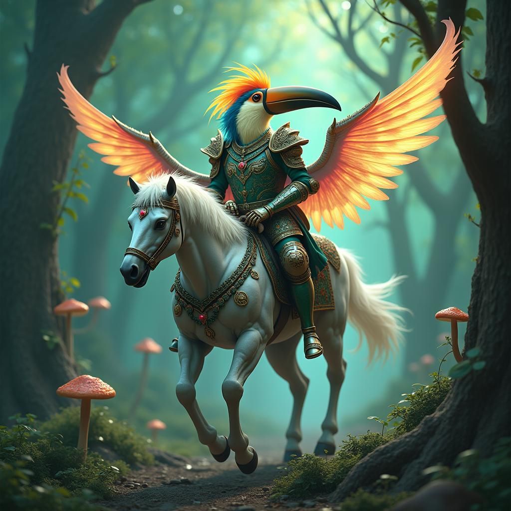 Toucan Knight on Winged Steed in Emerald Forest