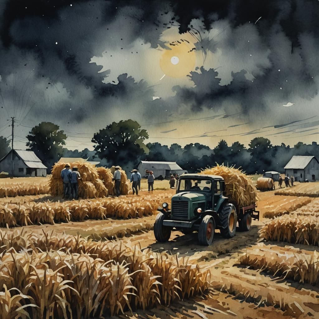 Hayride Through Cornfield Under Lightning Sky