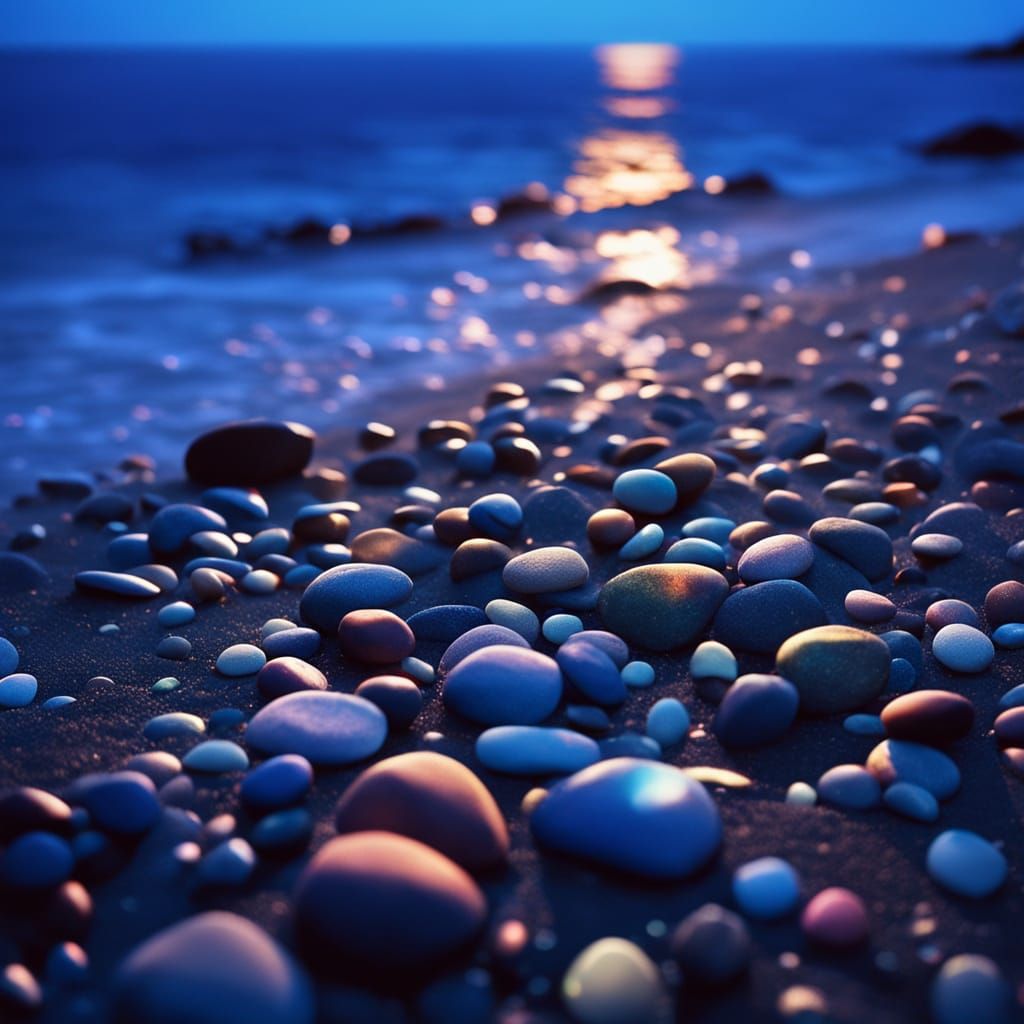 Rainbow Pebbles on Ocean Shore Under Luminous Moonlight