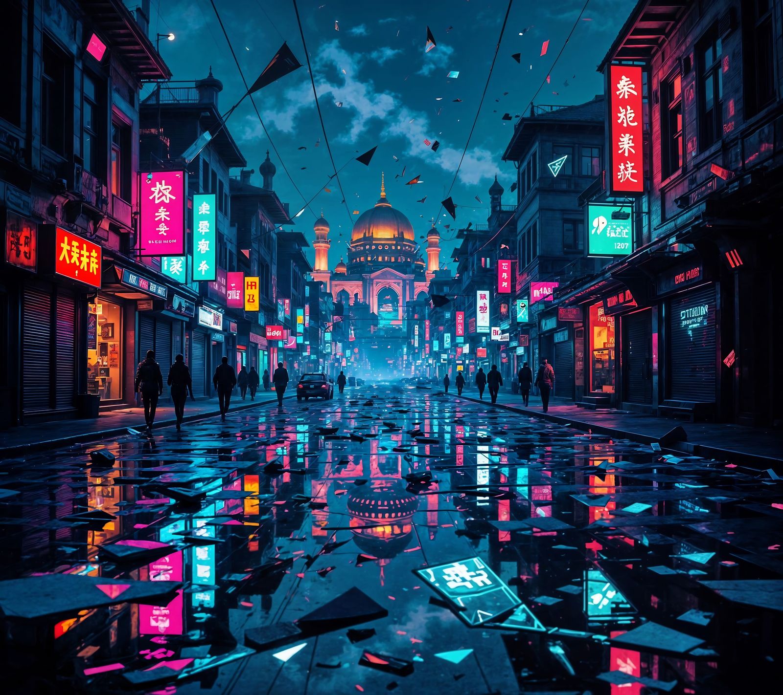 Cyberpunk City Reflected in Shattered Mirror