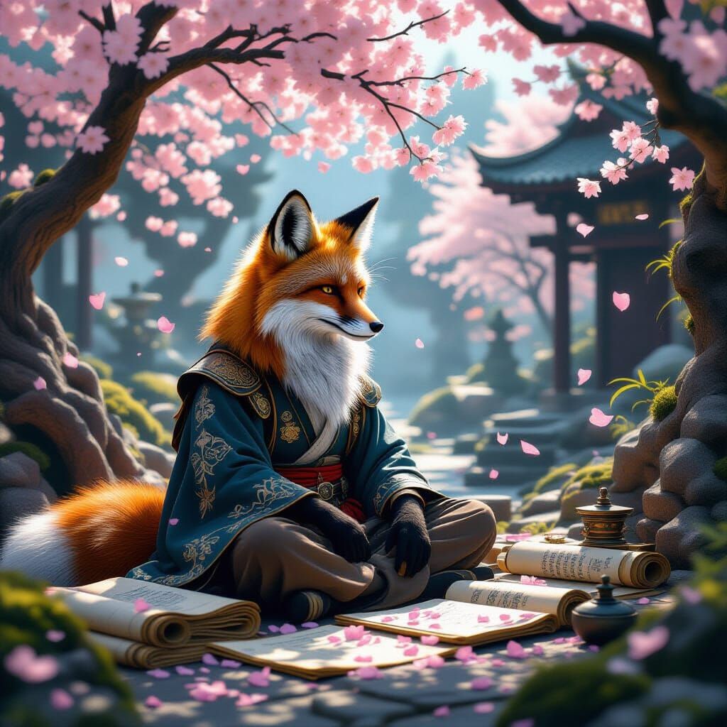 Contemplative Fox in Blossom Grove, Dark Fantasy Art