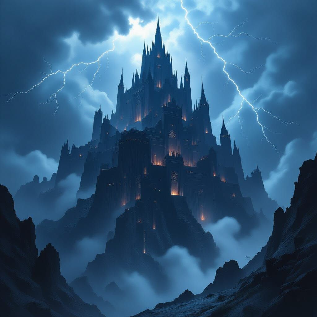 Gothic Obsidian Fortress in Stormy Twilight