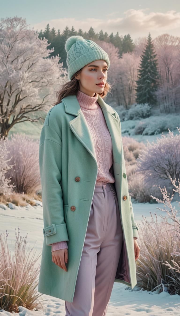 Pastel Winter Fashion in Dreamlike Landscape