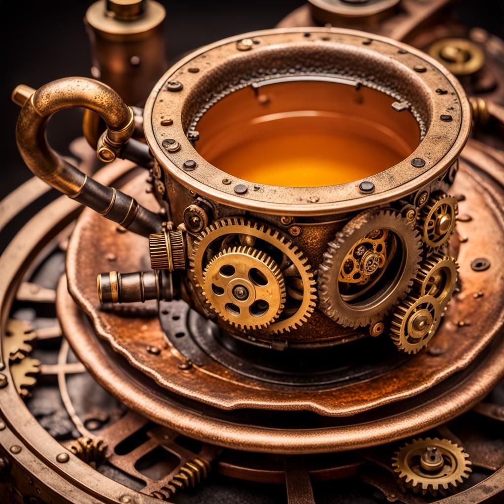 Steampunk Teacup on Steam Engine with Brass Details