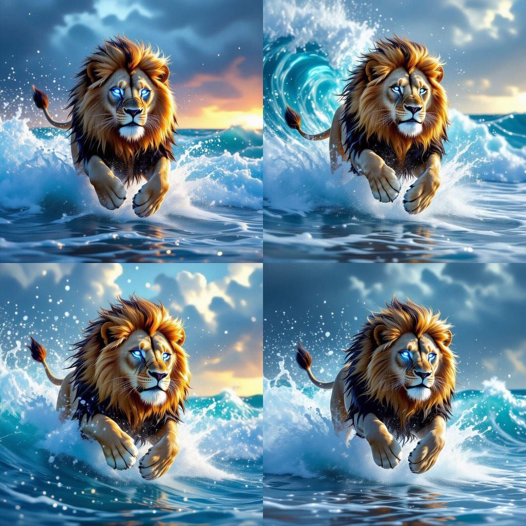 Majestic Water Lion Leaping: Hyperrealistic Fantasy