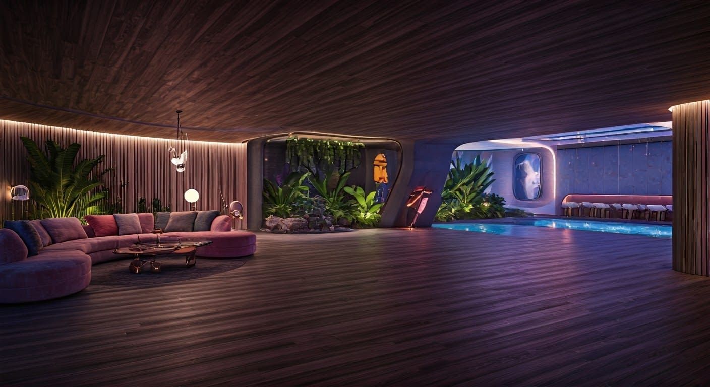 Luxurious Space Age Living Room with Boho Chic Elements