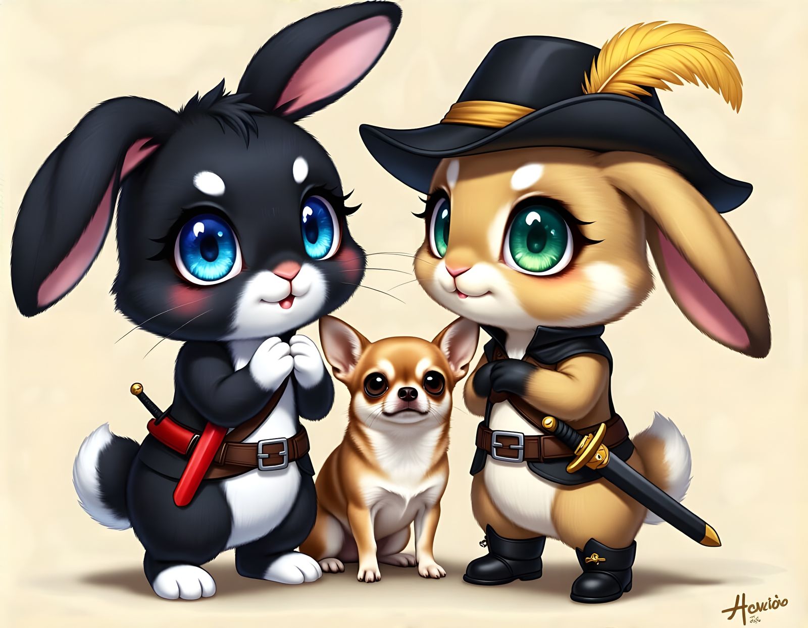 Chibi Rabbits and Chihuahua in Medieval Village