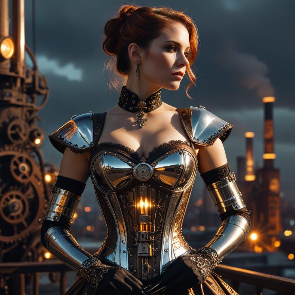 Steampunk Woman in Chrome Corset Reflecting Cityscape