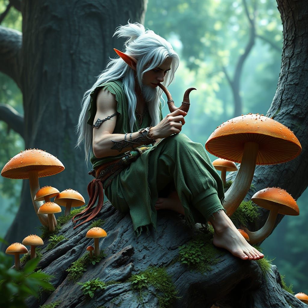 Ethereal Half-Elf in Verdant Attire, Lost in Contemplation