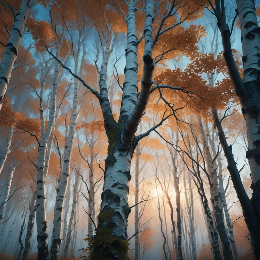 Mystical Forest Birch Tree in Matte Painting Style