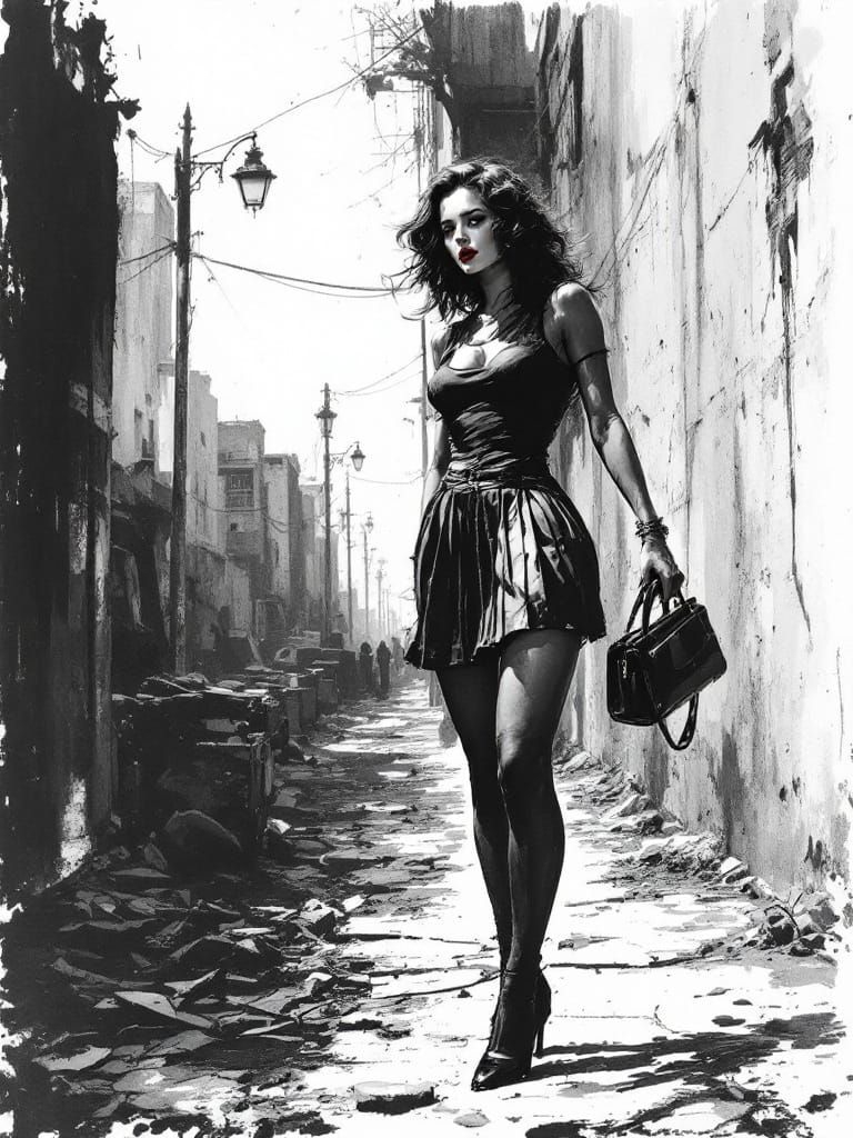 Post-Apocalyptic Pin-Up Woman in Monochromatic Style