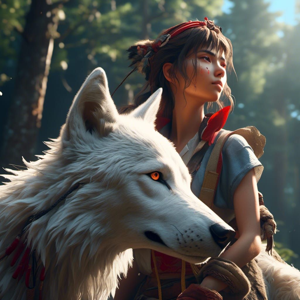 Princess Mononoke Woman with Wolf: 3D Anime Art