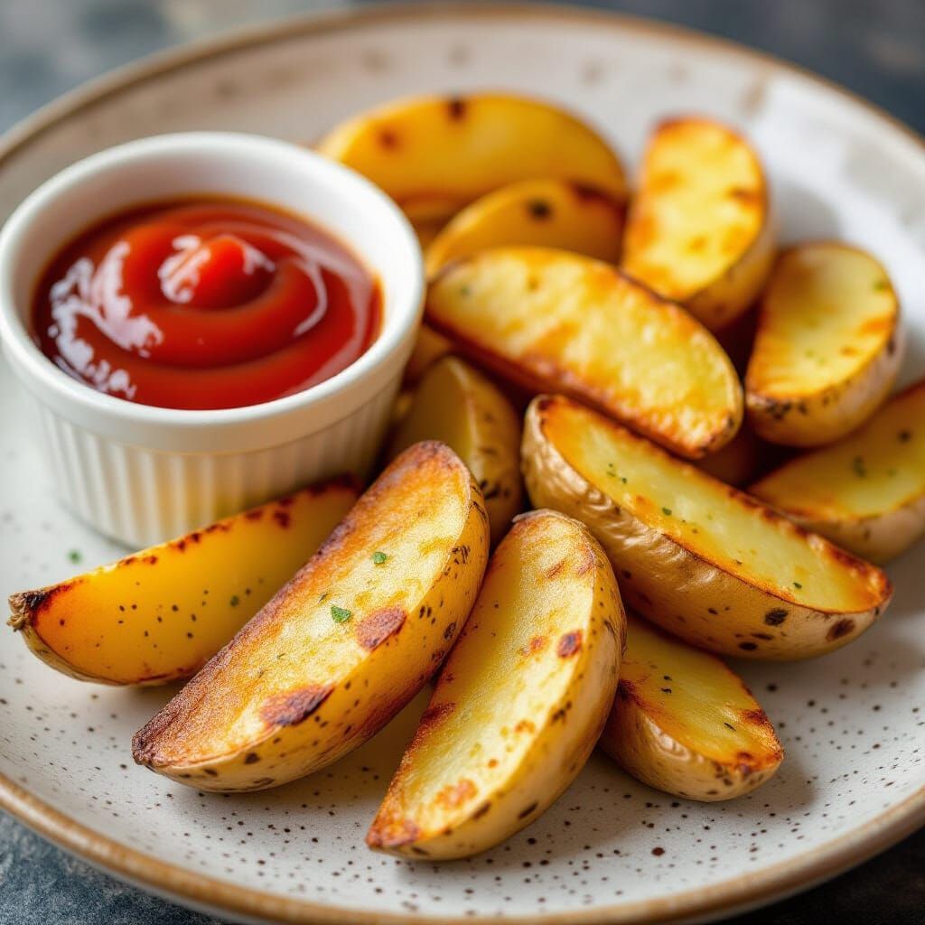 Golden Baked Potato Wedges with Ketchup on Ceramic Plate