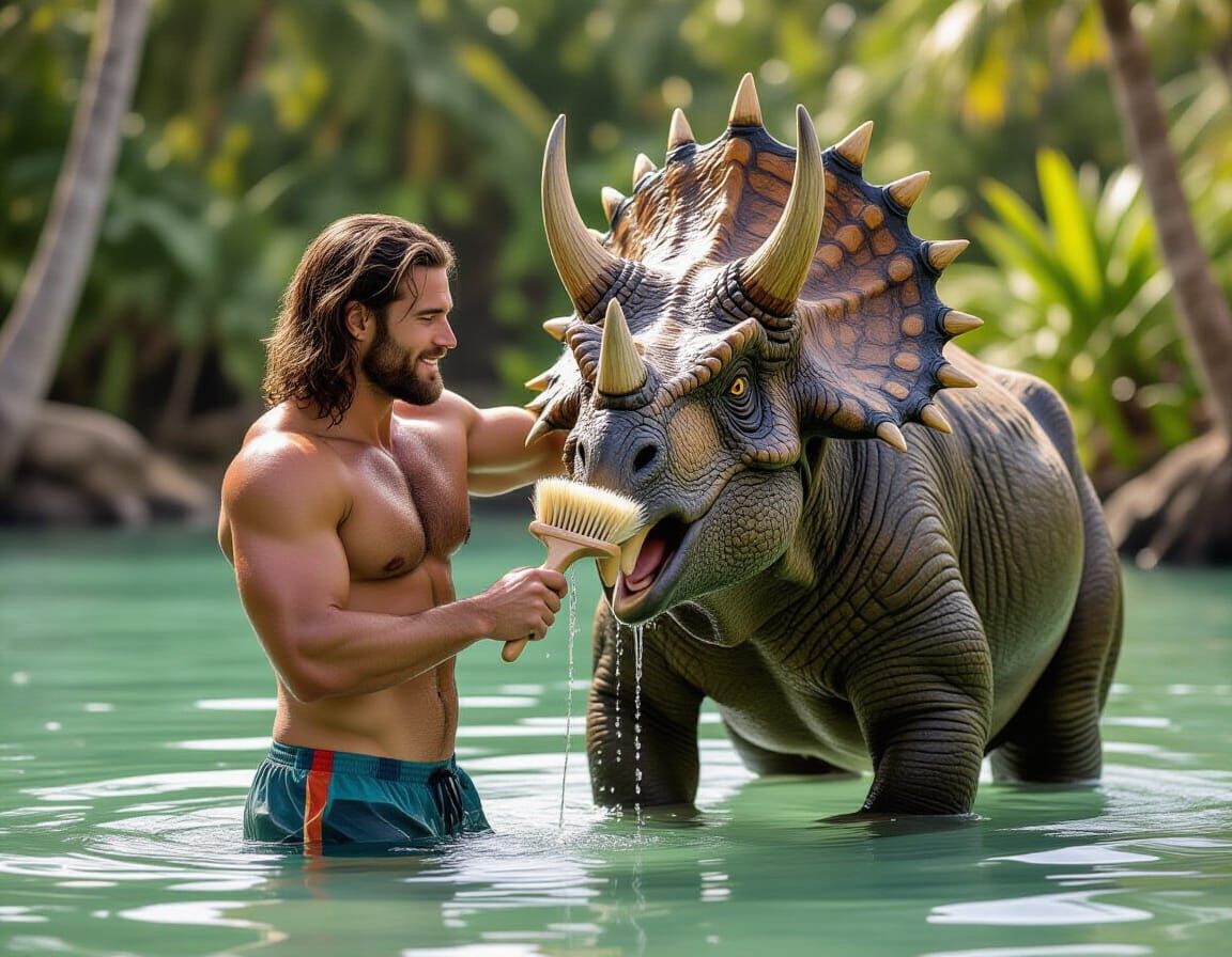 Man Bathes Triceratops in Tropical Pond