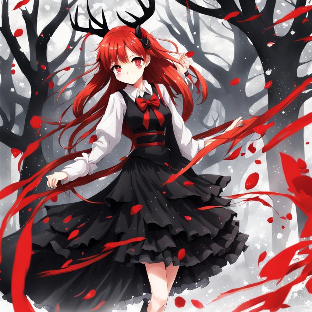 Anime Style Deer Girl in Black Dress