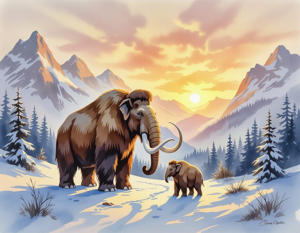 Mammoth Family in a Snowy Mountain Landscape