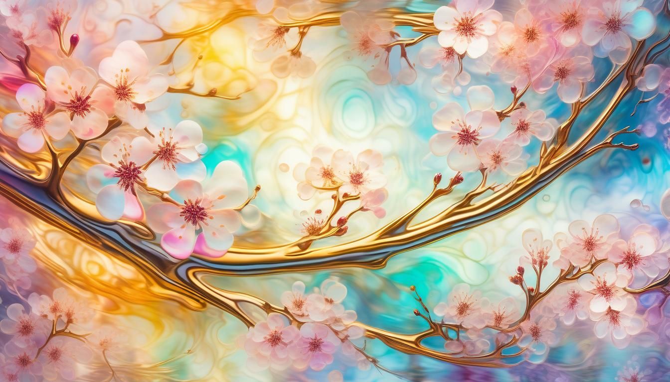 Abstract Surrealist Cherry Blossoms in Fractal Iridescence