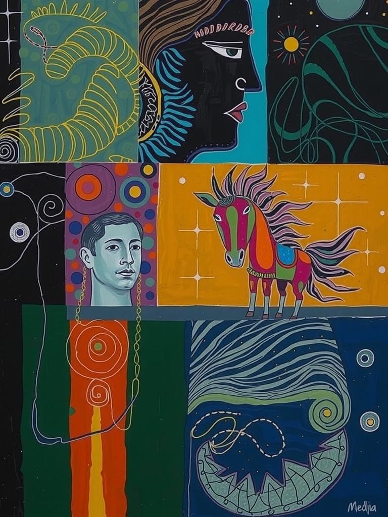 A man's head and a horse's head intertwined in abstract harmony, rendered in vibrant, fine details, with a focus on comp...