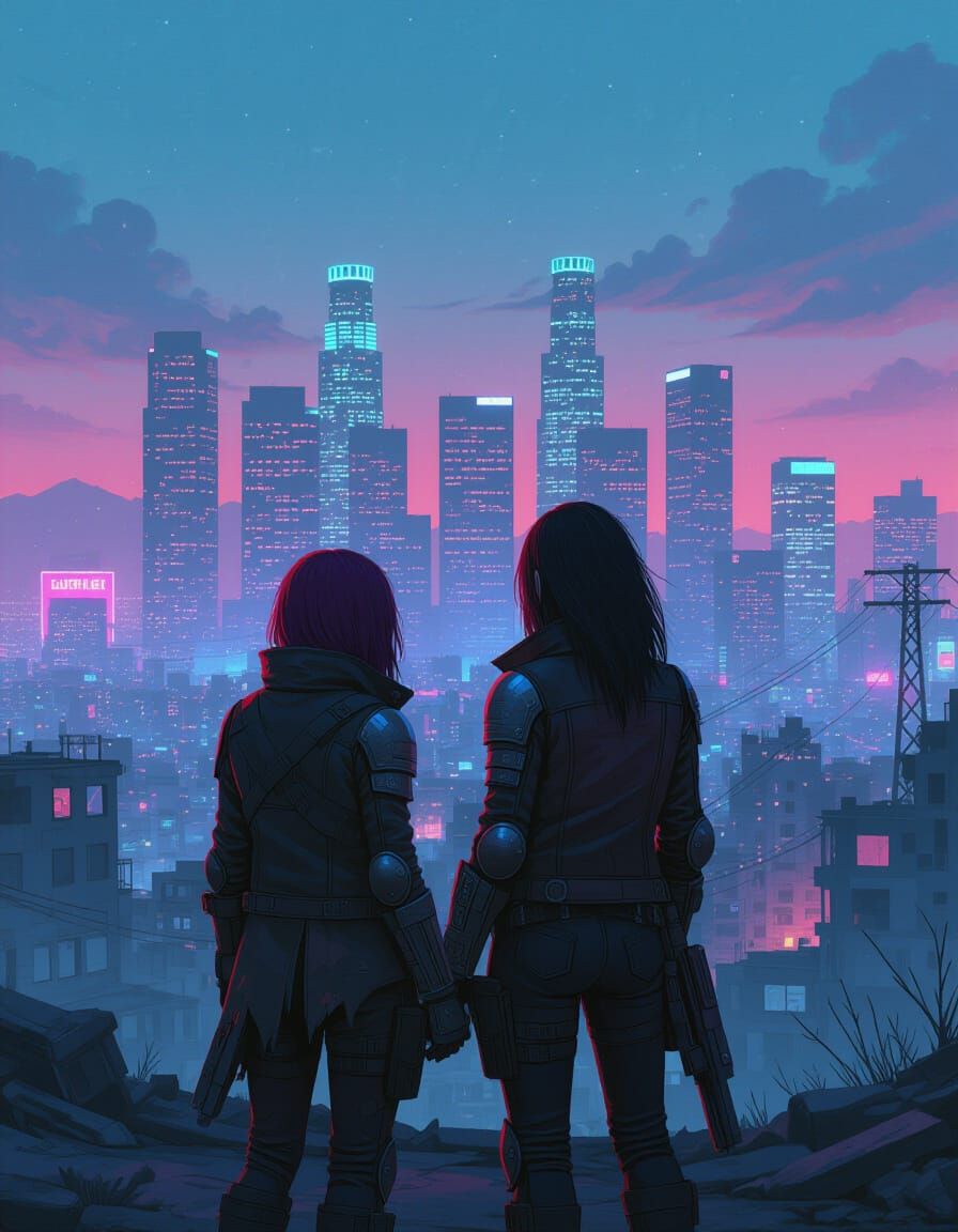 Dystopian Cityscape: Aria and Lyra in Retro-Futuristic LA