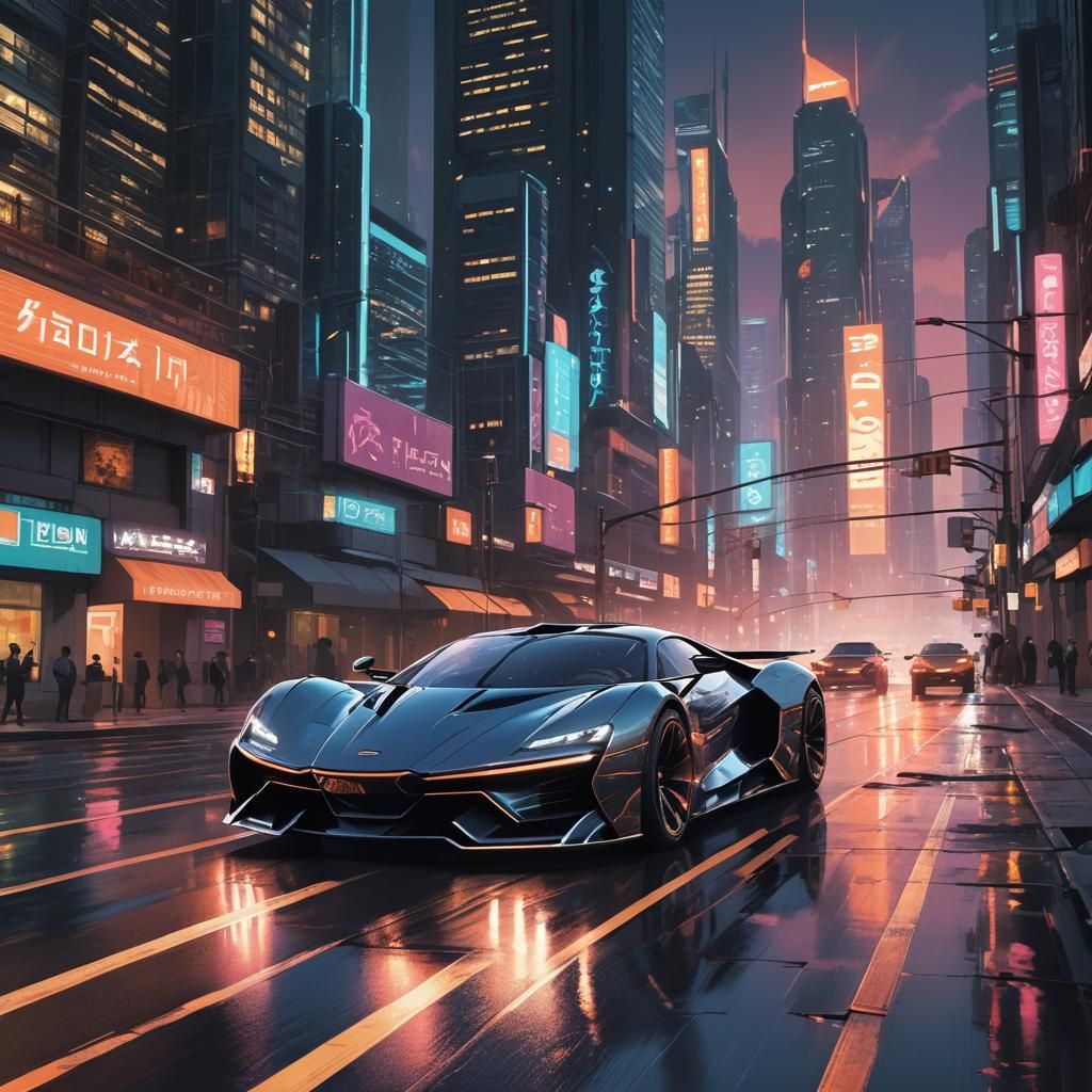 Futuristic Supercar Speeds Through Neon Cityscape