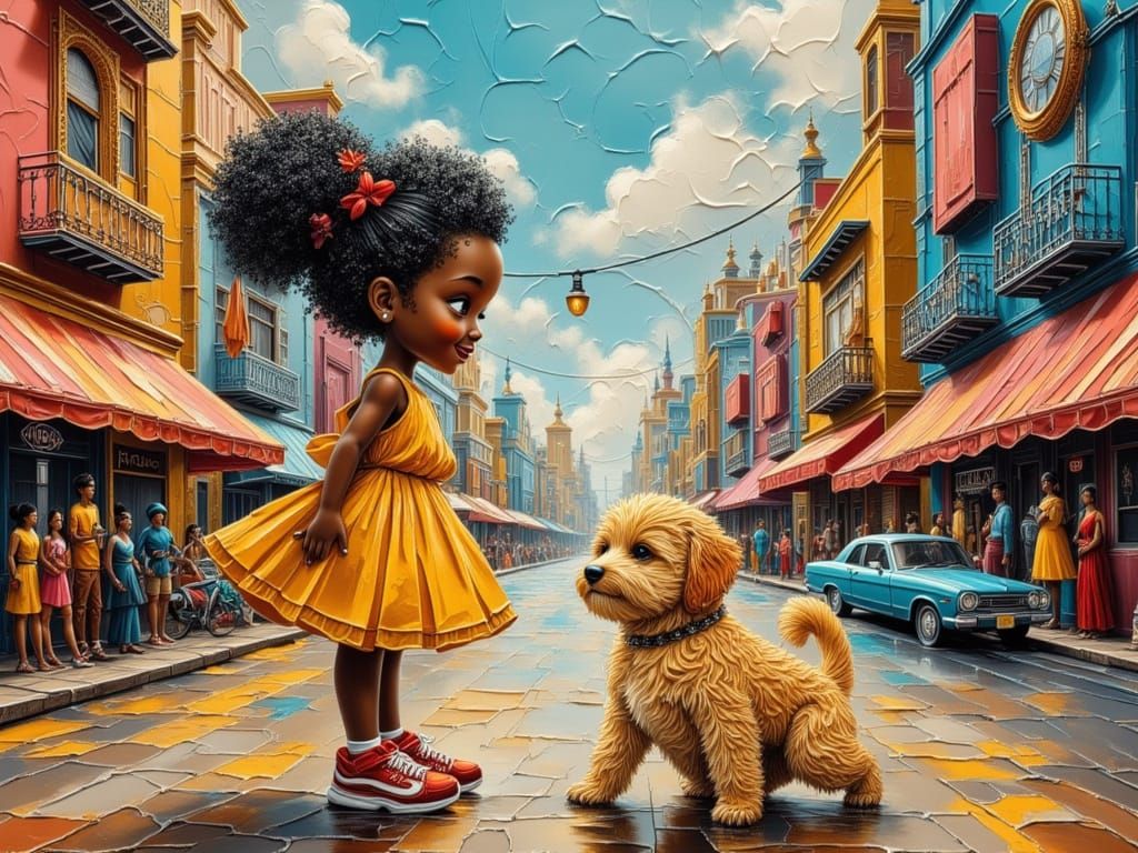 Loving Gaze: Girl and Puppy in Cityscape