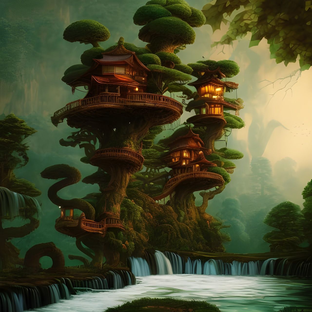 Treehouse Cityscape in Detailed Matte Painting Style