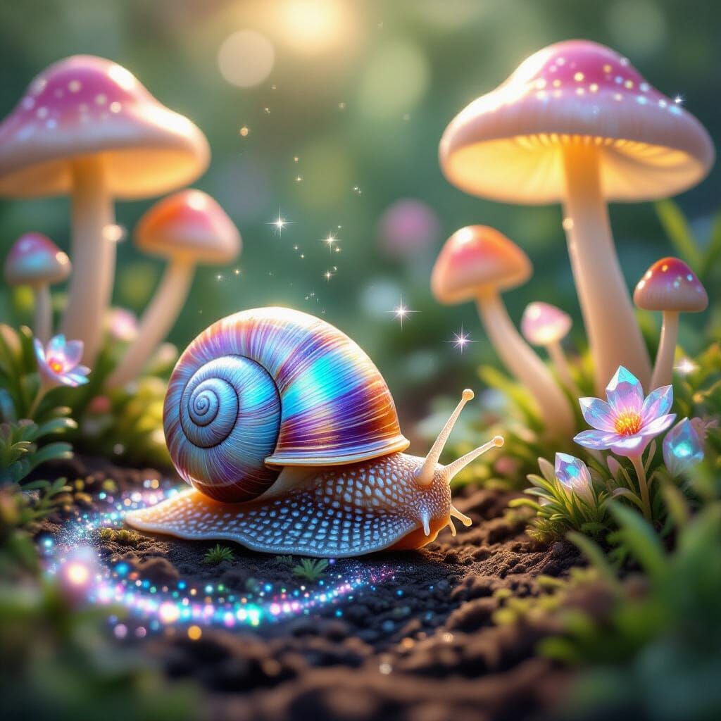Iridescent Snail with Nebula Shell in Crystalline Garden