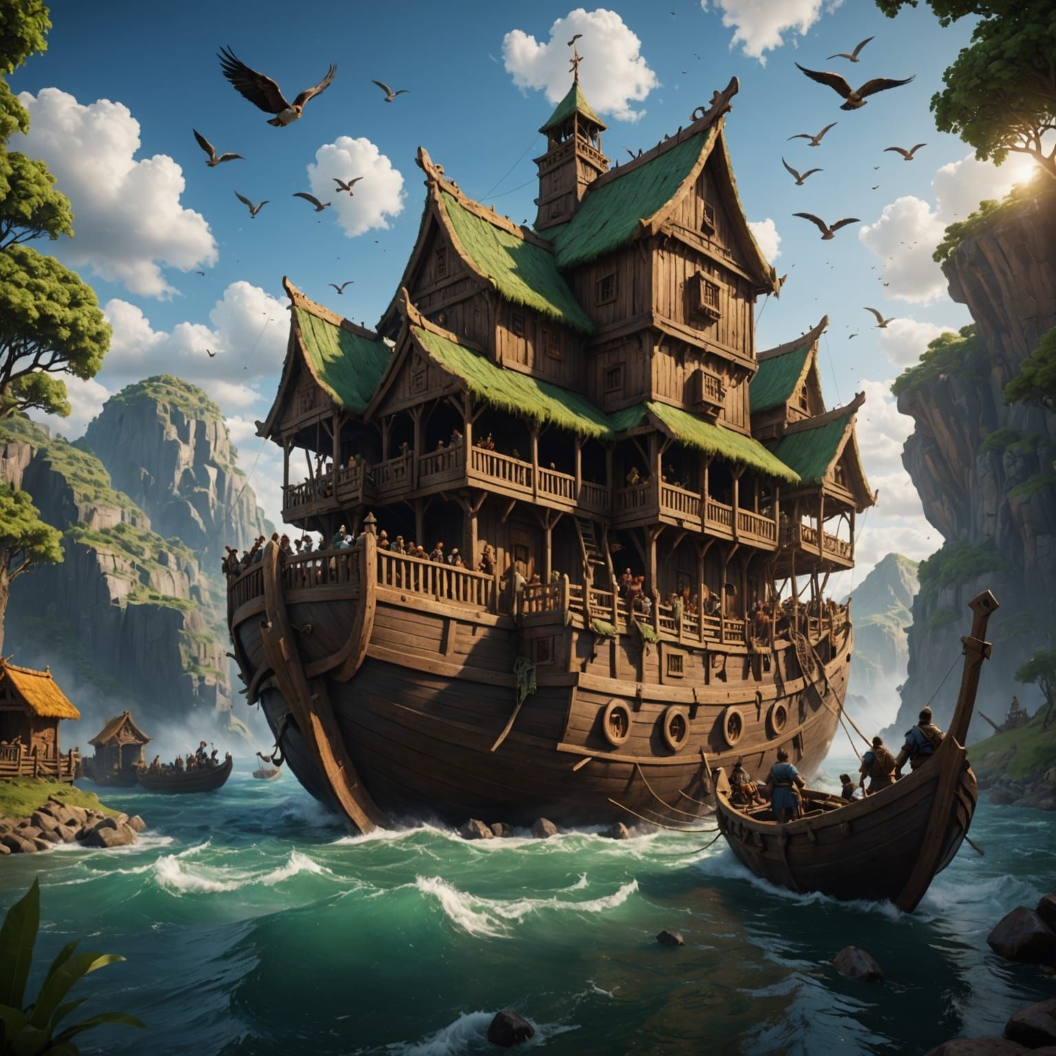 Surreal Noah's Ark in Vibrant, Fantastical Detail