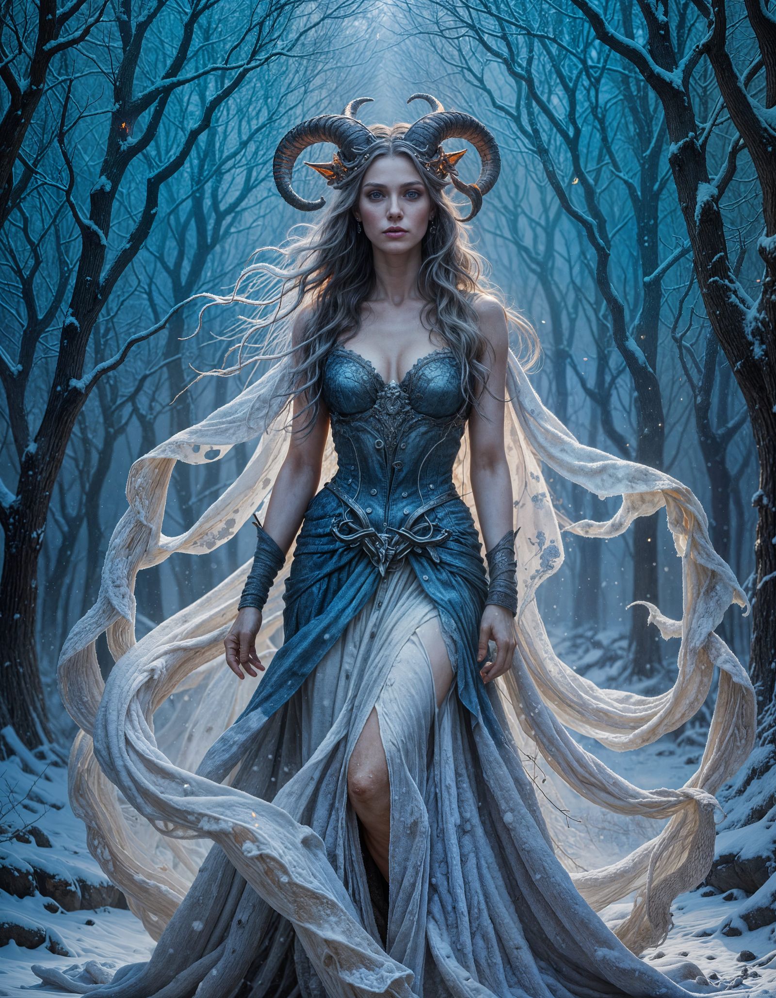 Blue Winter Goddess with Ram Horns and Snake Eyes