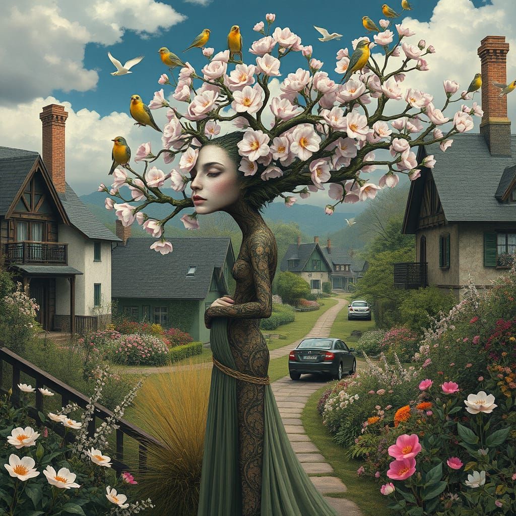 Surreal Blooming Tree Woman in Springtime Village