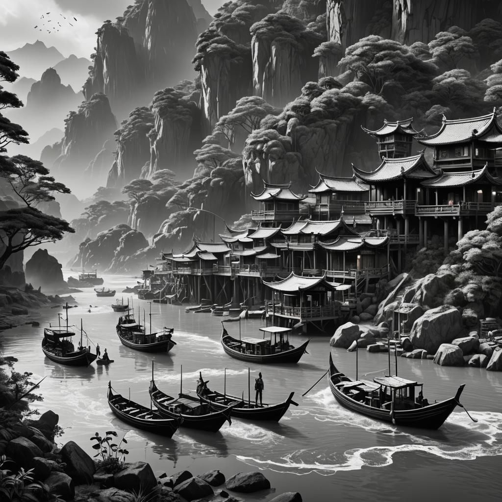 Asian Fishing Boats in Black and White