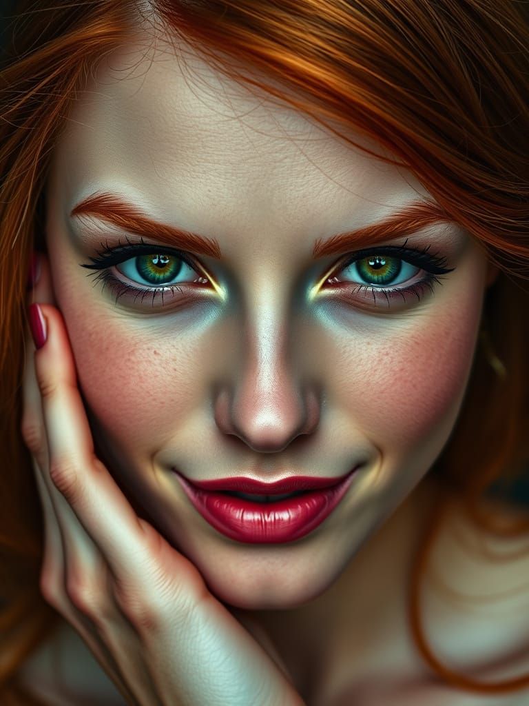 Hyperrealistic Portrait of a Sensual Redhead with Intense Gr...