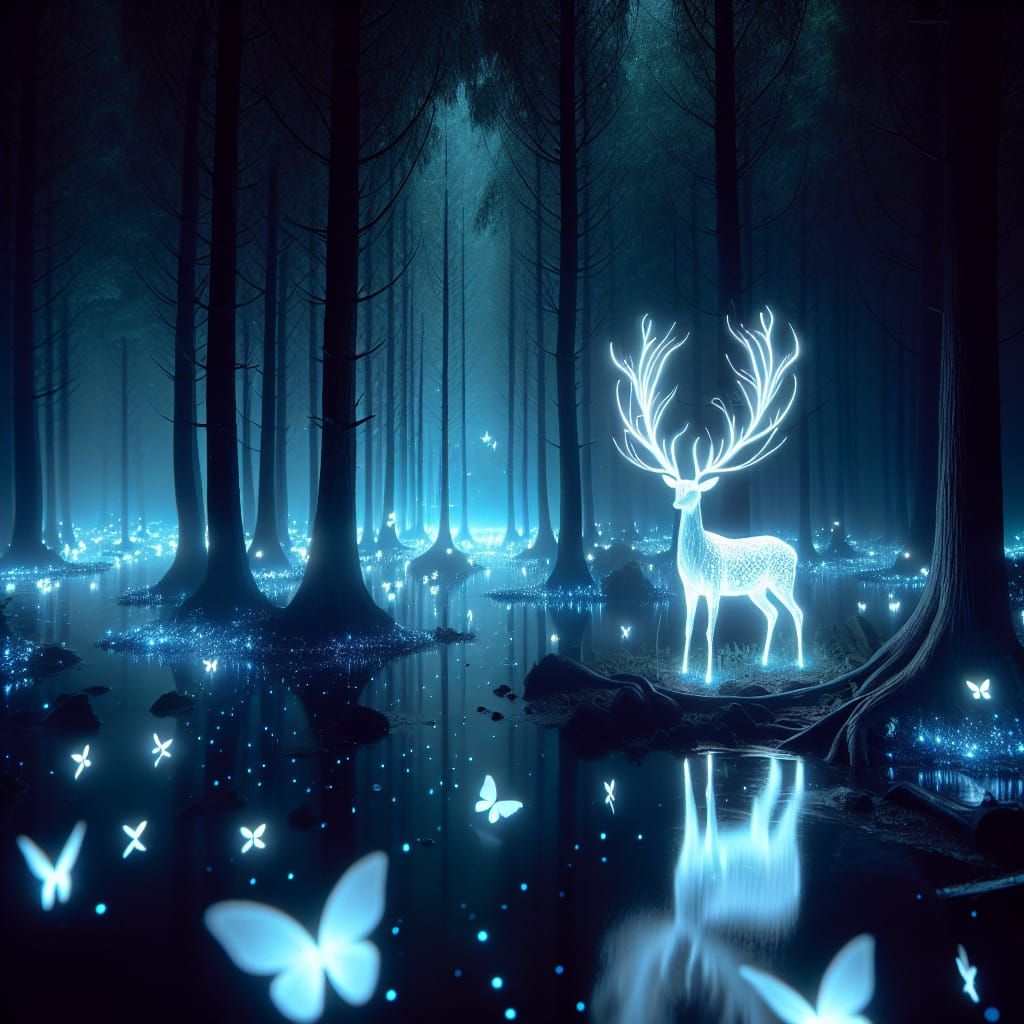 Ethereal Deer in Bioluminescent Forest