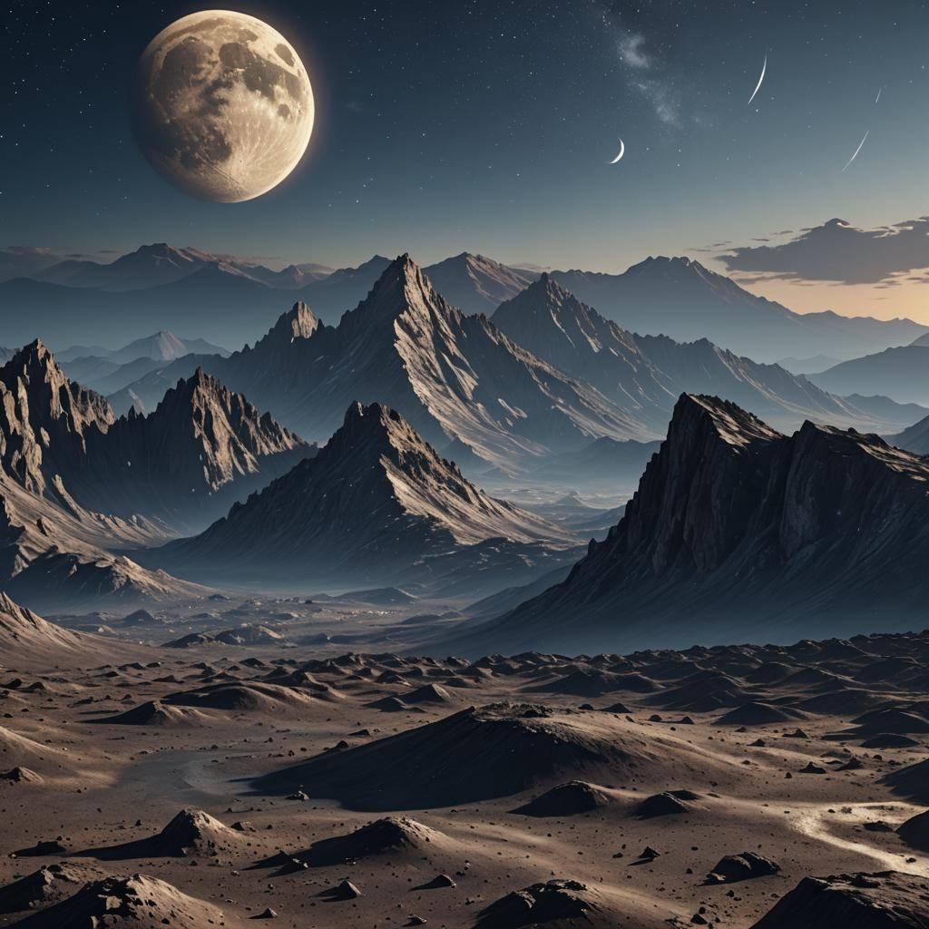 Giant Moon Over Mountain Range in 3D Art Style