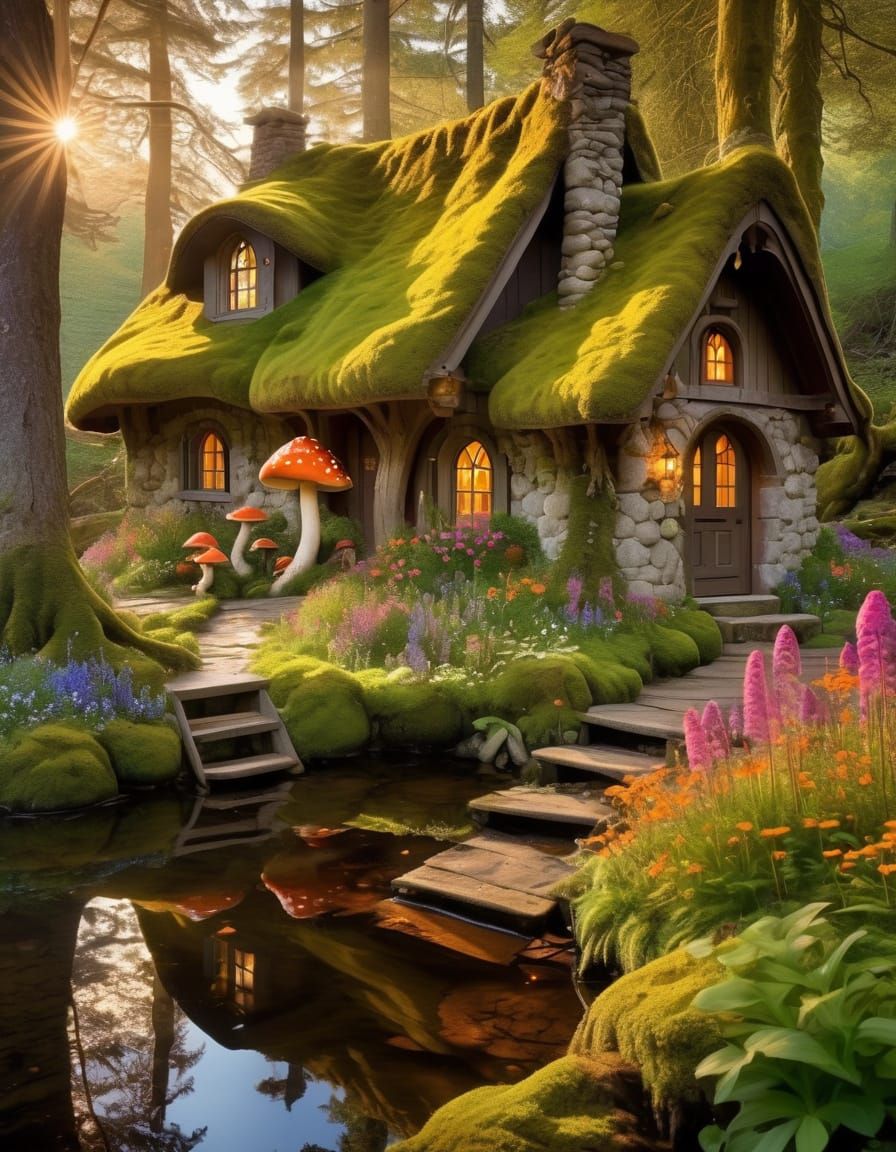 Cozy Cottage Scene in Golden Hour Light