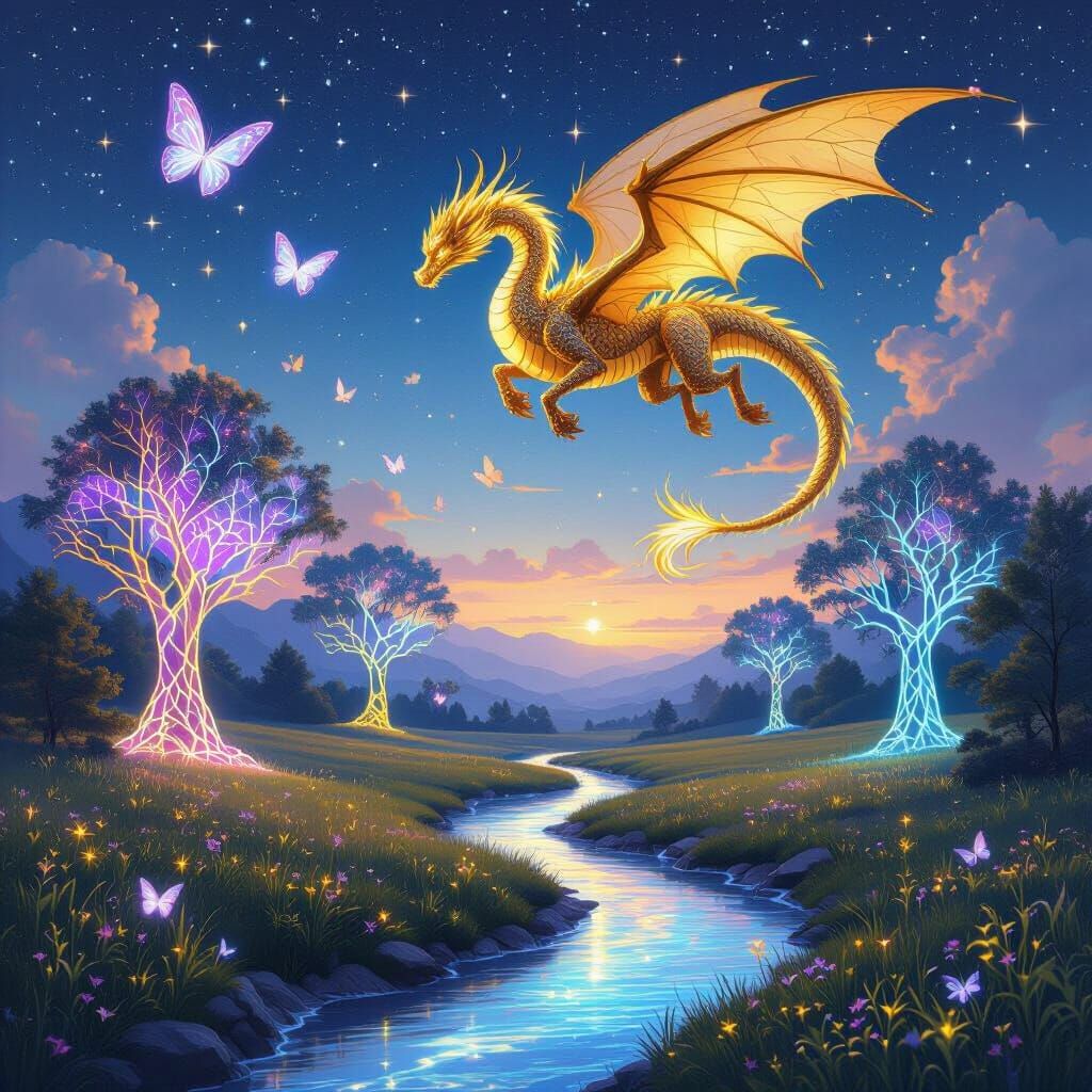 Golden Dragon Soaring Above Bioluminescent Meadow