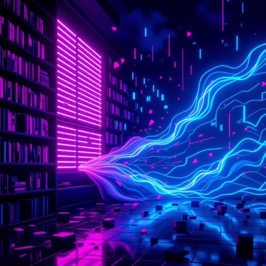 Synthwave Bookshelf Blown Away by Wind in Neon Light