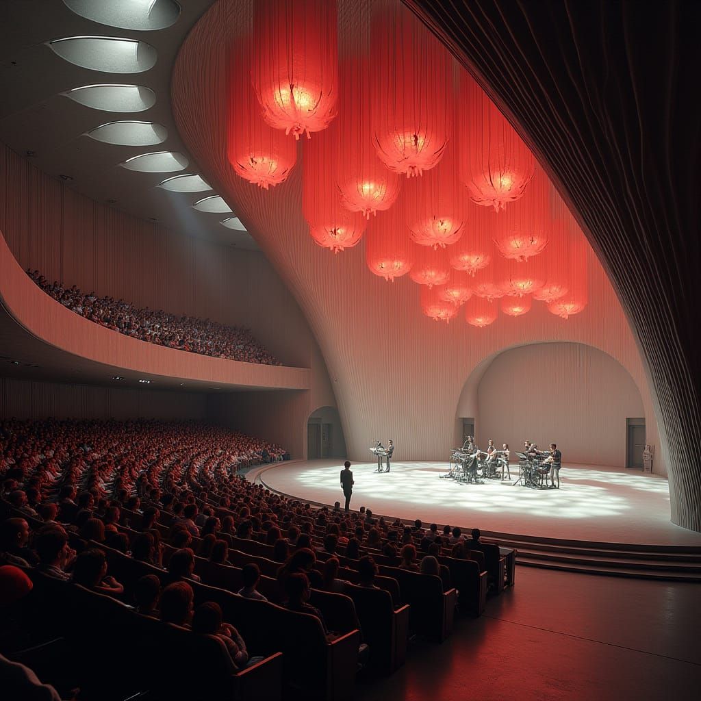 Futuristic Auditorium with Timber Panels and Abstract Lighti...