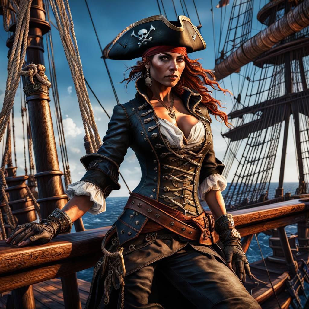 Intense Female Pirate on Ship in Graffiti Art Style