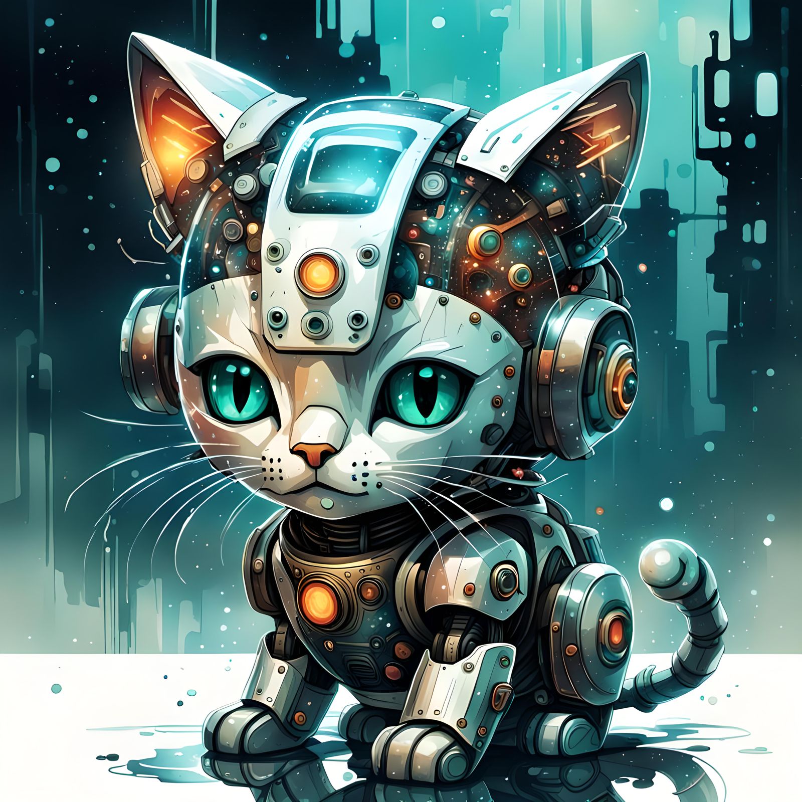Cute Glassy Robot Kitty Portrait in Cyberpunk Style