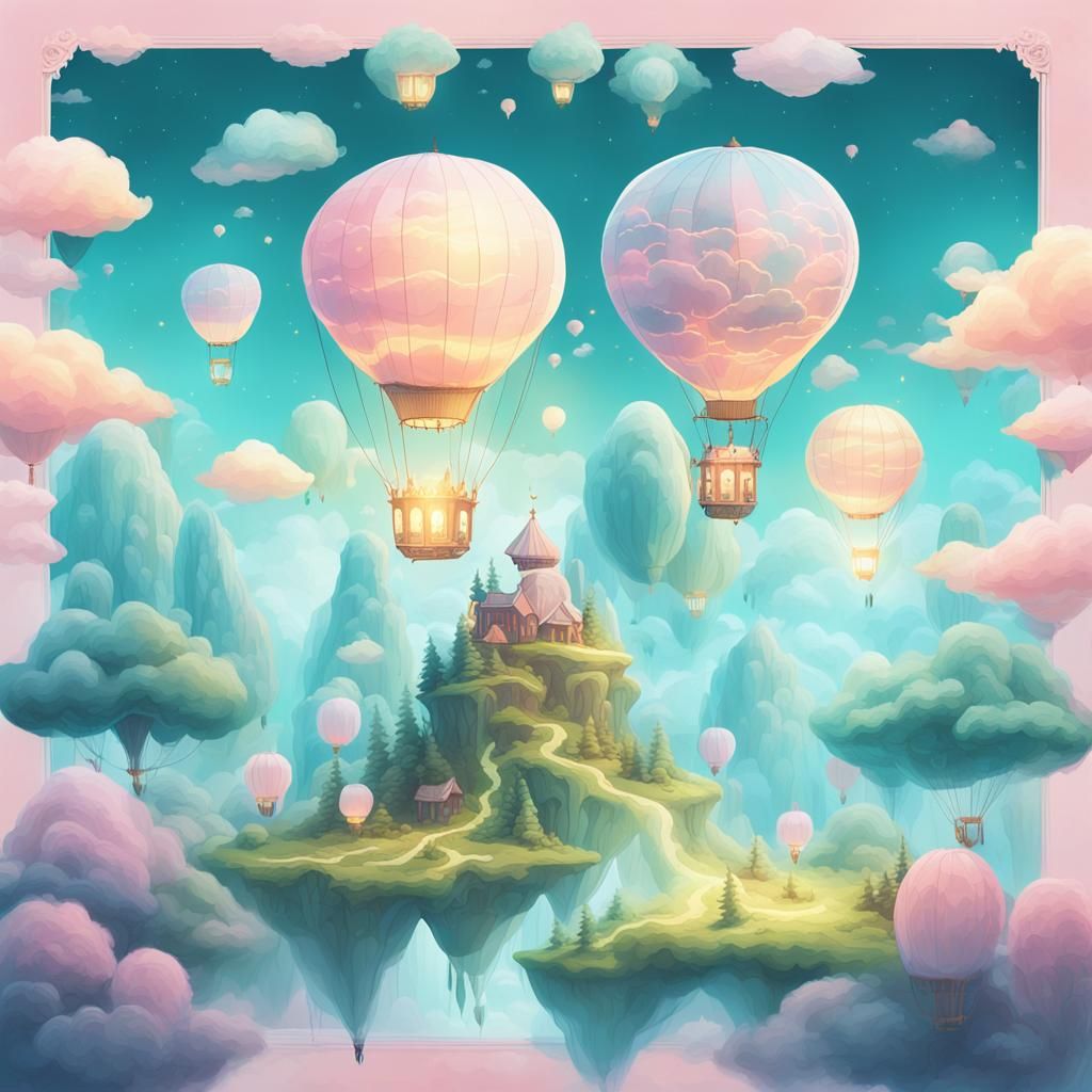 Magical Floating Island in Pastel Colors: Digital Illustrati...