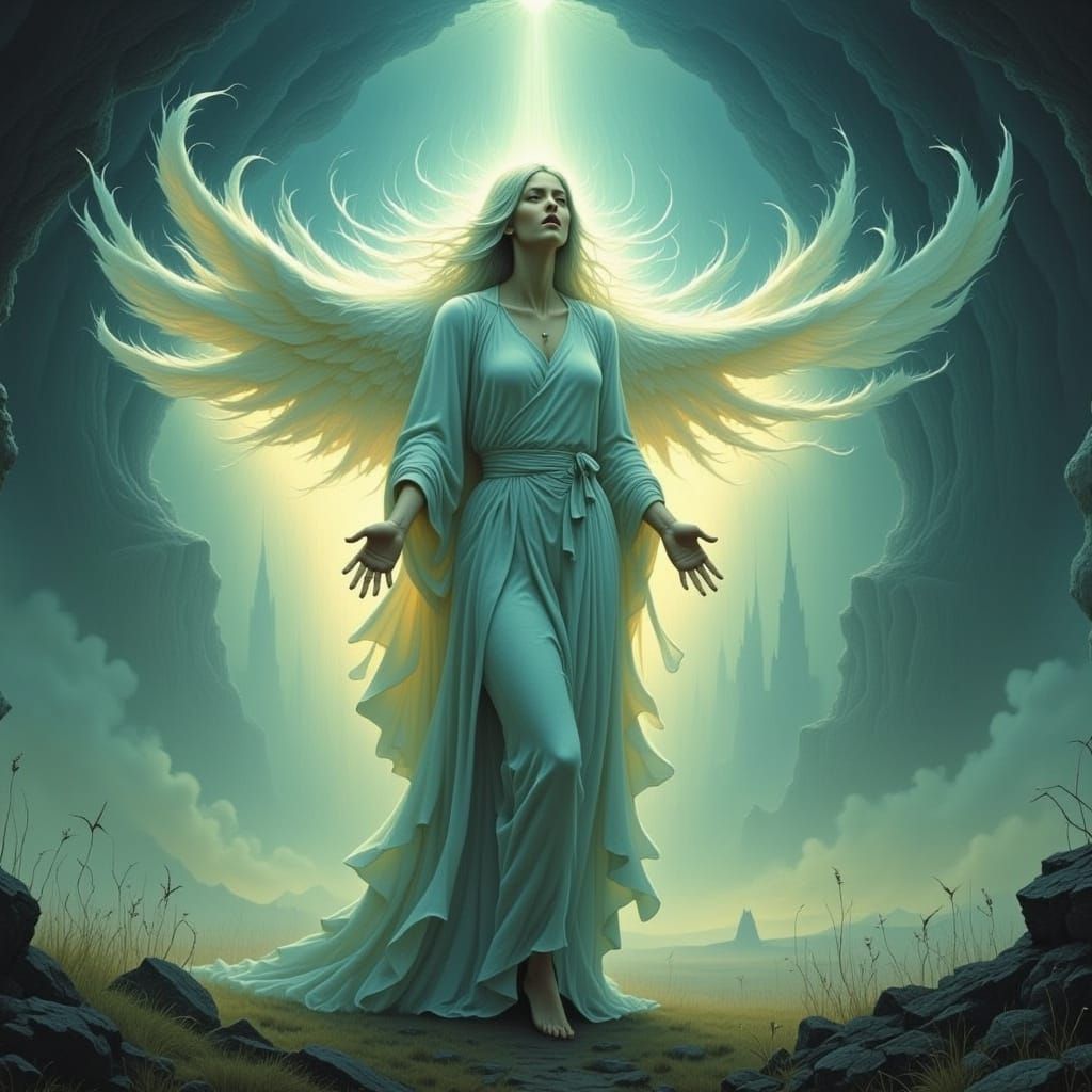 Ethereal Woman in White Robes with Glowing Aura