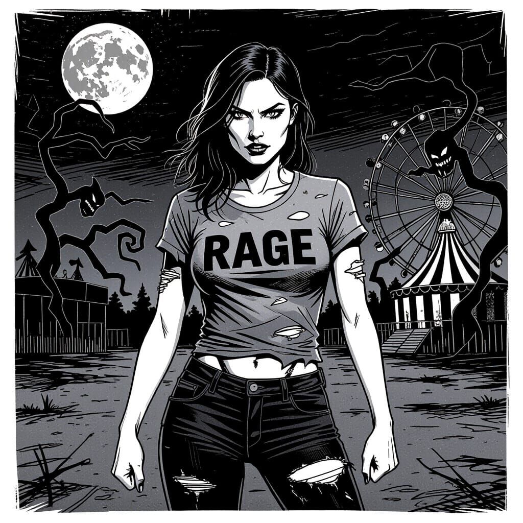 Woman in Moonlit Carnival, High-Contrast Art